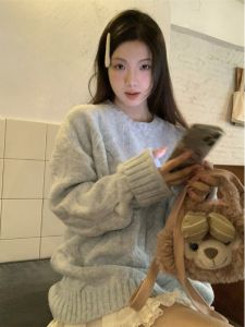 Áo Len Dệt Kim Dày Ấm Áp Cổ Tròn Dài Tay Dáng Rộng Thoải Mái Đa Năng Cho Nữ Mùa Thu Đông Phong Cách Hàn Quốc