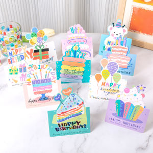 10 Birthday Cards 3D Small Size Cartoon Simple Folding Handwritten Blessing Message Birthday Card