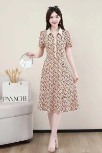 Các Bà Mẹ Trung Niên Mùa Hè Họa Tiết Hoa Tay Ngắn Áo Váy Ngắn Mới Thu Đông 2024 Váy Chữ A Vải Cotton