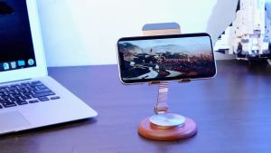 Mobile Phone Stand Holder Desktop 360°Rotatable Foldable Aluminium Wooden Base Tablet Stand