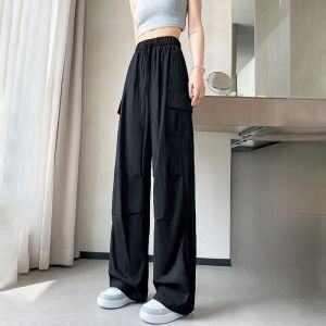 LANGPIN | กางเกงขายาวทรงตรงผ้าไหมน้ำแข็งเอวสูงสำหรับผู้หญิง กางเกงขายาวทรงหลวมสบาย ๆ ที่มีสไตล์และหลากหลาย