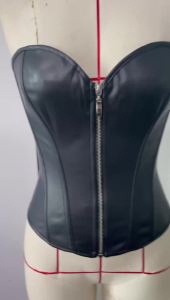 Womens PU Leather Corset Strapless Sweetheart Front Zipper Back Lace Up Waist Cincher Punk Gothic Bustier Top