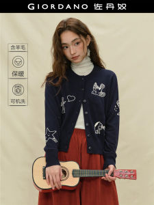 Designer Giordano Womens Knitted Cardigan round Neck Loose Fit Color Block Rope Embroidery Soft Acrylic Nylon Polyester Blend