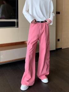 American Style Multi-Pocket Workwear Jeans Wide Leg Pink Long Trousers CuiBuju Celebrity High Waist Straight Cut Denim