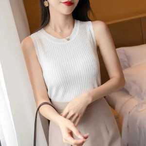ฤดูร้อน ผู้หญิง สลิมฟิต ถักสั้น สีขาว เสื้อสายเดี่ยว เสื้อกั๊กบาง แขนกุด อินเทรนด์ ลำลอง คอกลมสไตล์เดินทาง เสื้อกล้าม