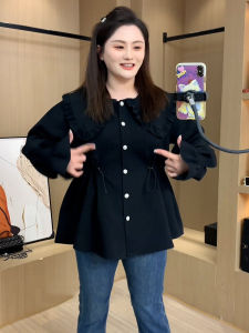 Elegant plus Size French Doll Collar Black Shirt Women Early Spring Waist Cinching Slimming Inner Wear Top Korean Style Long Sleeve