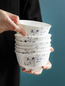 Large Size Bone China Rice Bowl Set of 6 Ceramic 6 Inch Simple Country Style round Shape Dinnerware Set for Home Use