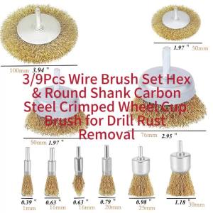3/9Pcs Wire Brush Set Hex & Round Shank Carbon Steel Crimped Wheel Cup Brush for Drill Rust Removal