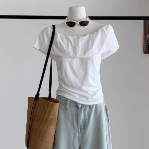 Áo thun nữ BINKAFENNY tay ngắn màu vàng xếp ly vai ôm eo cổ chữ V