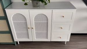 Wooden Locker Milk Coffee Color Rattan Door / Kitchen Cabinet Cupboard Sideboard Drawer