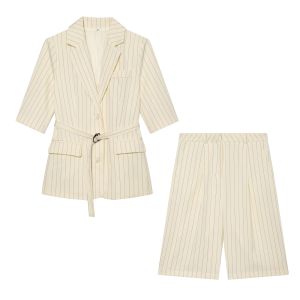 Bộ Vest Nữ Thanh Lịch Cạp Cao Kiểu Dáng Đơn Giản Áo Khoác Một Hàng Khuy Kèm Thắt Lưng Quần Ống Rộng Chất Liệu Polyester Co Giãn Tốt