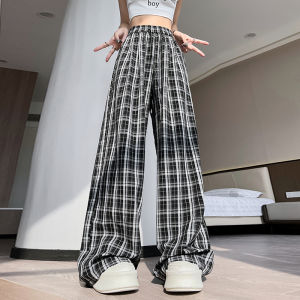 Extended High Waist Wide Leg Pants Black And White Plaid Summer Thin Straight Cut Floor Length Trousers Korean Style Commute Fashion