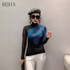 REHIN Áo Nữ Áo Thun Dài Tay Thời Trang Mới Thu Đông Áo Cánh Xu Hướng In Họa Tiết Lưới Cổ Cao Bằng Cotton
