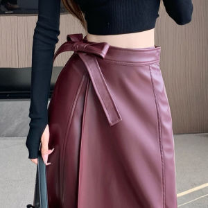 Angora Red Retro PU Leather Skirt Women Fall and Winter Stylish Shoelace Bows High Waist A- line Skirt Bodycon Dress