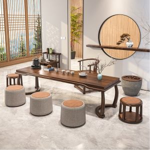 New Chinese Style Black Walnut Tea Table Simple Home Use Larch Wooden Tea Desk Combination for B&B Zen Style Dining Table And Chairs