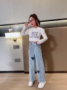 กางเกงยีนส์เด็กผู้หญิง - ทรงหลวม ลายการ์ตูน สำหรับอายุ 3-15 ปี