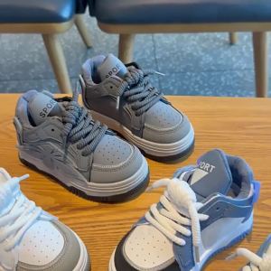 Children Spring Sneaker Boys Autumn Casual Soft Soled Shoes Girls Bread Board Shoes Kids High Top Front Lacing Color Blocking