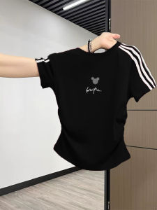 Áo Thun Tay Ngắn Cổ Tròn Ôm Vừa Vặn Mùa Hè Cho Nữ Phong Cách Retro Mỹ Thiết Kế Ba Sọc Eo Nhỏ Gợi Cảm