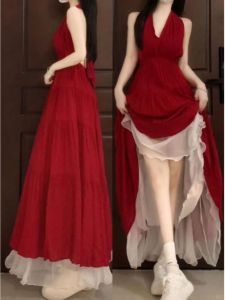 CHANGTONG | French Elegant Red Off-Shoulder Long Dress Beach Vacation Backless Design High Waist Gauze Single Piece Spring Summer Dress