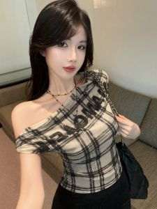 GUZILIAN | Unique Beautiful Short Sleeve T-Shirt Women Summer American Hot Girl One Shoulder Waist Cinched Plaid Top Irregular Shoulder
