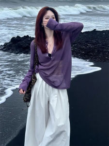 Loose Long Sleeve UV Protection Ice Silk Knitted Cover up Top for Women Summer Casual Wear V-Neck Button Detail City Walk