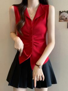 Red Lapel Camisole Womens Outwear Summer Plus Size Plus Size Ladies Fashionable Stylish Shirt Fancy Sleeveless Tops