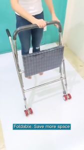 Foldable Stainless Steel Walking Aid with Seat and Wheels Elderly Walker Frame Height Adjustable Tongkat Bantu Jalan