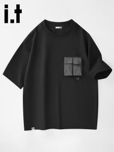 izzue | American Designed Black Short Sleeve T-Shirt Summer Thin Silk Dry Loose