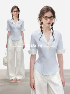 BAIDAIFEI | Áo Thun V-Neck Tay Ngắn Form Ôm Màu Xanh Faux Layered