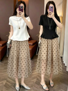 TIANQIANHUI | Bộ Áo Chiffon Cổ Tròn Tay Voan và Chân Váy Cho Phụ Nữ Mùa Hè