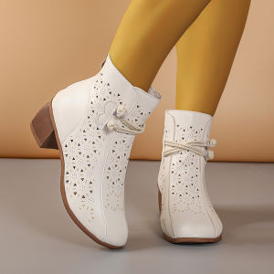 2025 Summer New Womens Fashion Hollow-Out Soft Sole Mid-Heel Ankle Boots Retro Breathable Comfortable Shoes