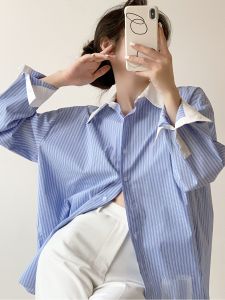 Salt Series Blue White Stripes Color Block Long Sleeve Womens Shirt Spring Autumn Loose Fit Versatile Slimming Top