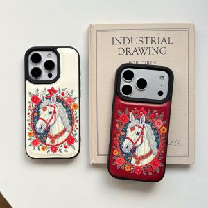 เคสโทรศัพท์ลายดอกไม้พวงหรีดพร้อมกรอบรูปม้าสีแดงขาวสไตล์จีนปี 2026 สำหรับ iPhone 17 16 15 14 13 Pro Max