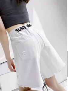 พรางหุ่น กางเกงขากว้างทรงสูง เอว นิ้ว กางเกงยีนส์ ผู้หญิง ฤดูร้อน สไตล์ใหม่ ทรงบาง หลวม พลัสไซส์ ลายพิมพ์ตัวอักษร ความยาวห้าส่วน เดนิม