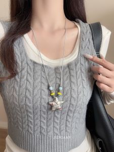 Silver Starfish Diamond Embedded Bead Pendant Womens Cool Sweet Style Necklace Sweater Chain Fashionable Accessory Jewelry