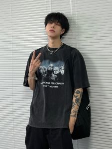 Washed Old American Band Short Sleeve T-Shirt Mens Loose Summer Pure Cotton Vintage Trendy Retro Half Sleeve Tops