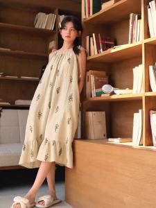 Ins Hot Girls Suspender Sleeping Dress with Fixed Chest Pad Summer New High-end Sleeveless Long Nightdress Student Dormitory Large Size Home Clothes Sleepwear