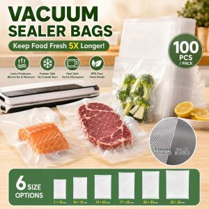 100PCS Vacuum Sealer Bags for Food Storage Textured Vacuum Plastic Pouch PET+PE Freezer Heat Safe Sealed Packaging 6 Sizes