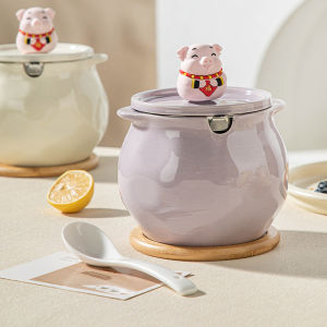 Creative Cream Style Ceramic Spice Jar with Lid Pork Fat Oil Storage Hot Pepper Oil Special Spoon with Filter Kitchen Storage