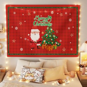 VIKAMA Đỏ Cây Giáng Sinh Họa Tiết Treo Tường Thảm Giáng Sinh Vui Vẻ Ông Già Noel Người Tuyết Thẩm Mỹ Xmas Nghệ Thuật Treo Tường Cho Trang Trí Phòng Ký Túc Xá