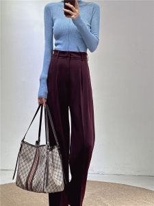 Autumn Winter Extended Wine Red Pants High Waist Wide Leg Suit Style Womens Loose Fitting Trousers Elegant Slimming Effect