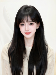 Female Black Long Straight Human Hair Wig with Air Bangs Natural Seamless Nanoneedle 1pcs