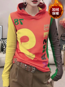 เสื้อยืดคอกลมมีฮู้ดพิมพ์ลายสีบล็อกแฟชั่นสำหรับผู้หญิง เสื้อเชิ้ตทรงสลิมฟิตสำหรับใส่ในฤดูใบไม้ร่วงและฤดูหนาว อบอุ่นและลดอายุ