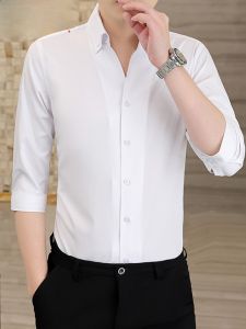 HENGYUANXIANG | Hengyuanxiang Mens Casual V-Neck Short Sleeve Shirt Pure Color Summer New Fashion 7/8 Length Button Up Top Youth Style Thin Fabric