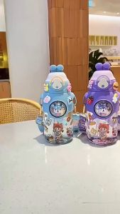 Botol Minum Anak Lucu Dan Unik Kapasitas 700ml Dilengkapi Sedotan Sticker & Tali 1933 BPA FREE