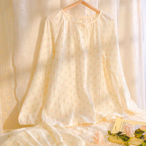 Đồ Ngủ Sợi Bông Cổ Tròn Bộ Đồ Dài Tay Cotton Xuân Thu Mẫu Nữ Bộ Đồ Mặc Nhà Rộng Rãi Vải Xô Hai Lớp Ngọt Ngào Hoa Nhí