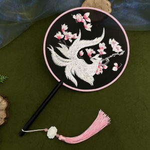 Double Sided Embroidery White Fox Nine Tail Fox Archaistic Circular Fan Travel Portable Photography Cool Fan Souvenir Su Embroidery Chinese Style