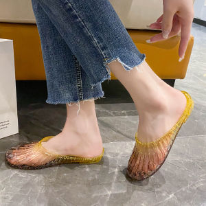 รองเท้าแตะส้นเตี้ยแบบสวมหัวสำหรับผู้หญิงในช่วงฤดูร้อน พื้นยางกันลื่น น้ำหนักเบา ใส่กลางแจ้ง รองเท้าแตะแบบโปร่งใสประดับคริสตัลสำหรับใช้ในบ้านและห้องน้ำ รองเท้าแตะแบบสวมสบาย