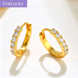 TenLucky Environmental Healthy Luxury Gold Color Bling Round Circle Zircon Hoop Earrings for Girl Women with Jewelry Box Birthday Valentine Gifts Anting Emas 916 Gold Color S925 925 Silver Earrings