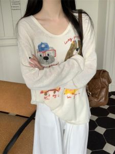 Loose Long Sleeve U-Neck Printed T-Shirt Womens Lazy Style Summer Sunshade Shirt Thin Creative Cartoon Korean Style Top